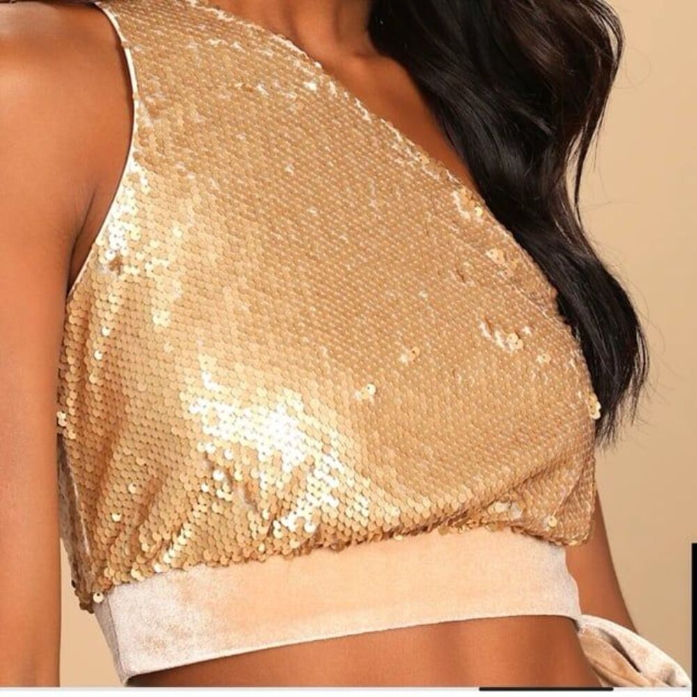 Lulus Spectacular Matte Gold Sequin‎ One-Shoulder Side-Tie Crop Top Size XS